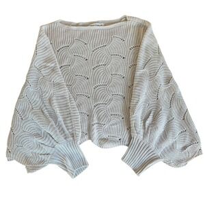 Women's Beige Knitted Cropped Sweater Balloon Sleeve Open Knit M